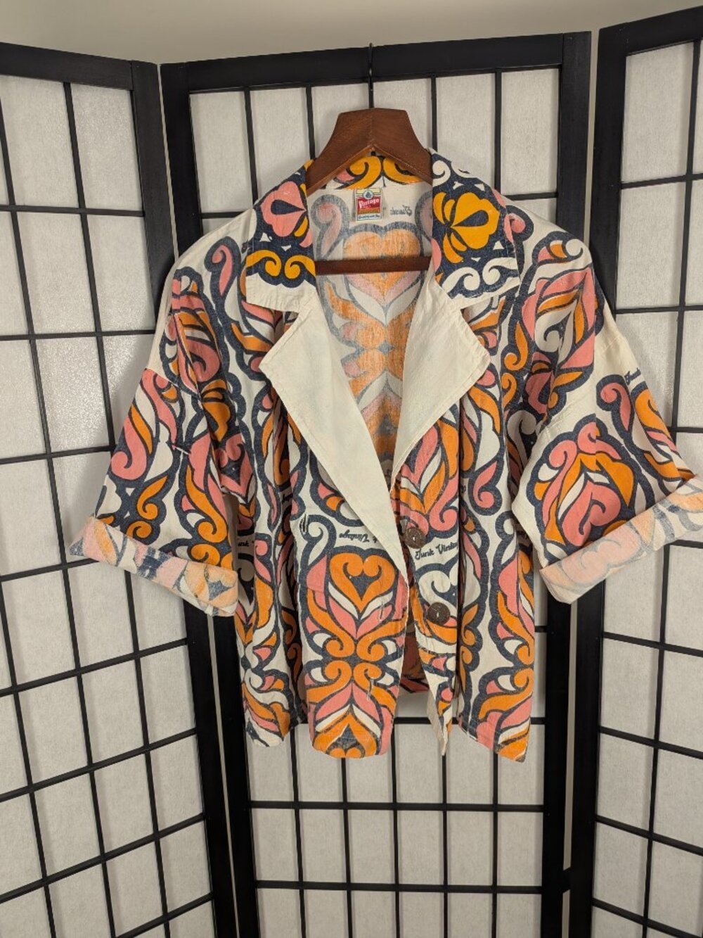 Junk Vintage Vintage Sack Cotton Lagenlook Boho Jacket Oversized Folk Art Print - Picture 4 of 7